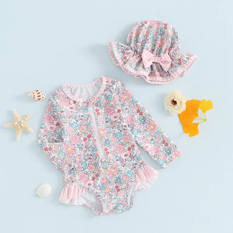 Maillot de bain bébé fille imprimé floral avec chapeau - anti-UV manches longues