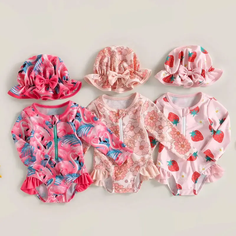 Maillot de bain bébé fille manches longues - flamant rose fleur fraise