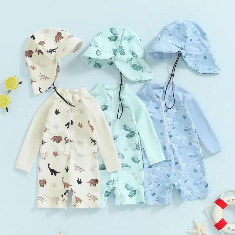 Maillot de bain bébé garçon imprimé baleine - combinaison longue avec chapeau