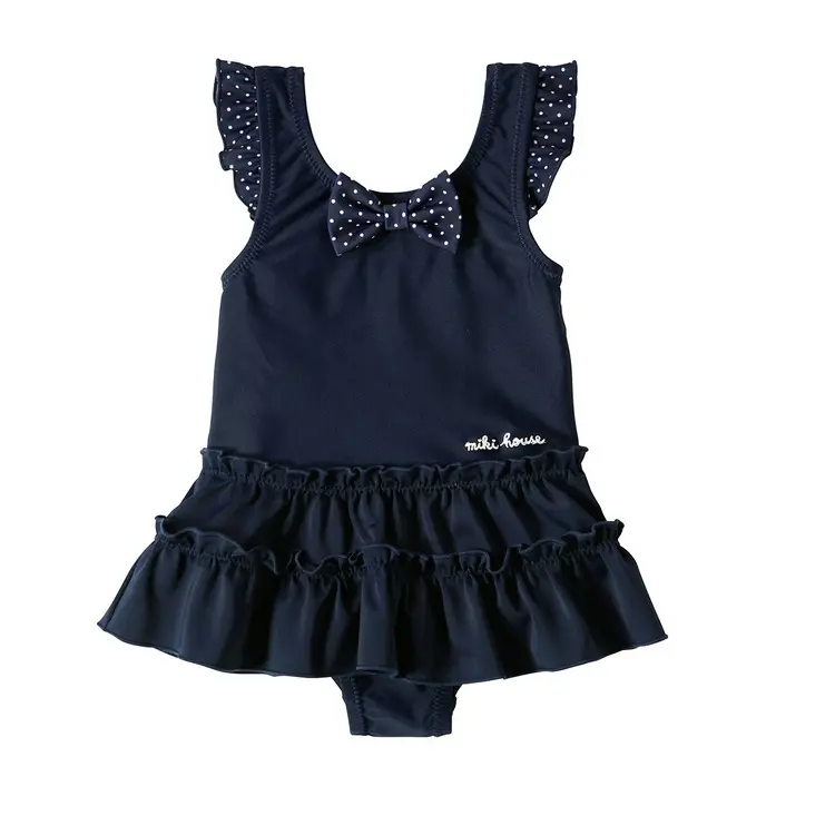 MAILLOT DE BAIN ROBE BLEU MARINE À POIS ET VOLANTS