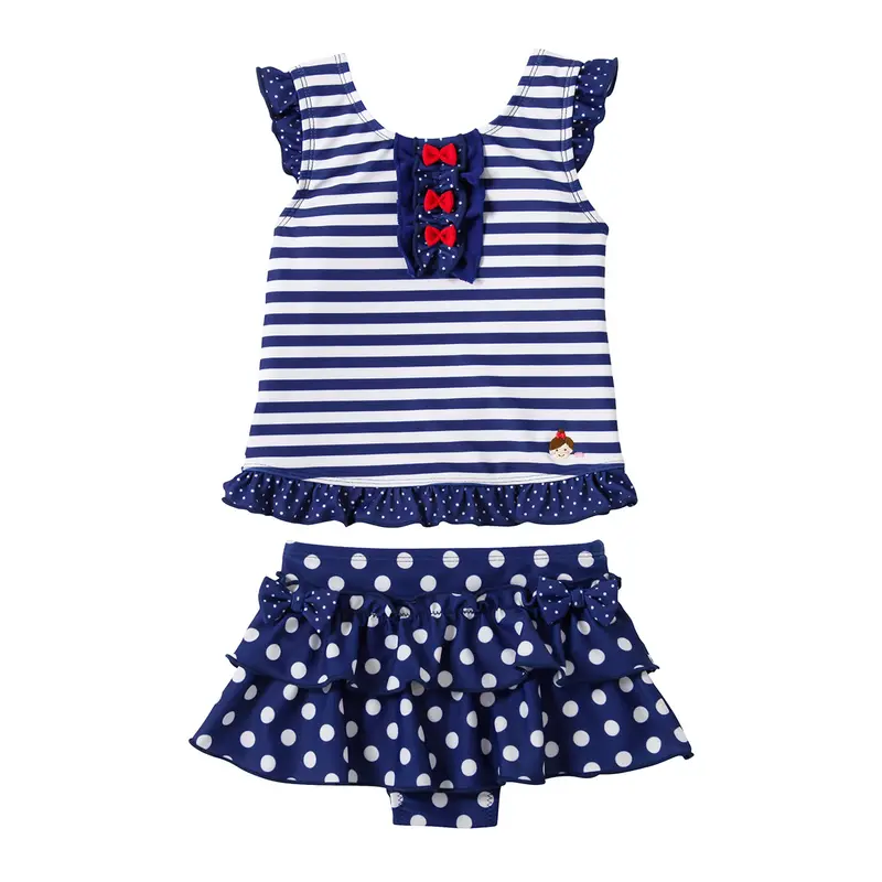 MAILLOT DEUX PIÈCES À VOLANTS À POIS ET RAYURES BLEUES