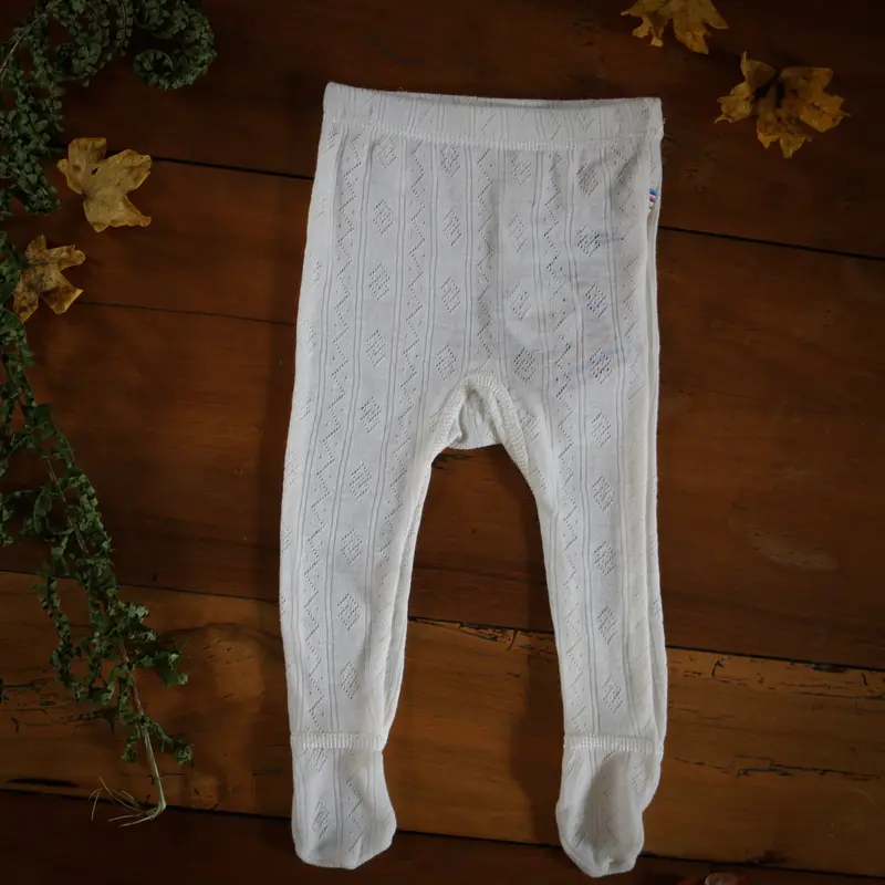 Merino Wool & Silk Footed Leggings with Pattern - White - 0-1m only