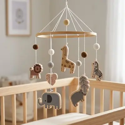 Mobile bébé en bois | Animaux suspendus safari