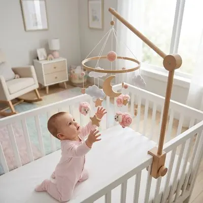 Mobile bébé fille | Nuages roses & lune apaisante