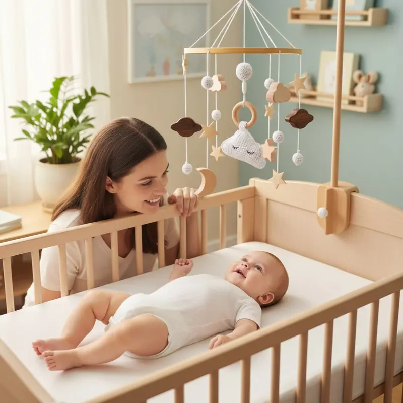 Mobile bébé tricoté - Bois et Laine | Éveil Artisanal