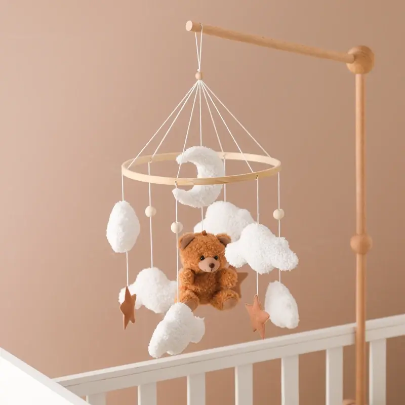 Mobile lit bébé bois feutrine ours cartoon - carillon musical avec support berceau
