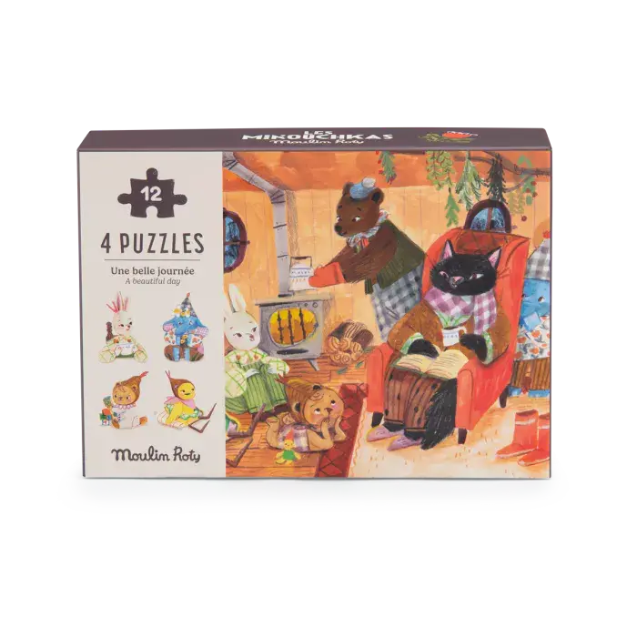 moulin roty Les Minouchkas 4 puzzles Une belle journée (4x12 pièces) - 2 ans +