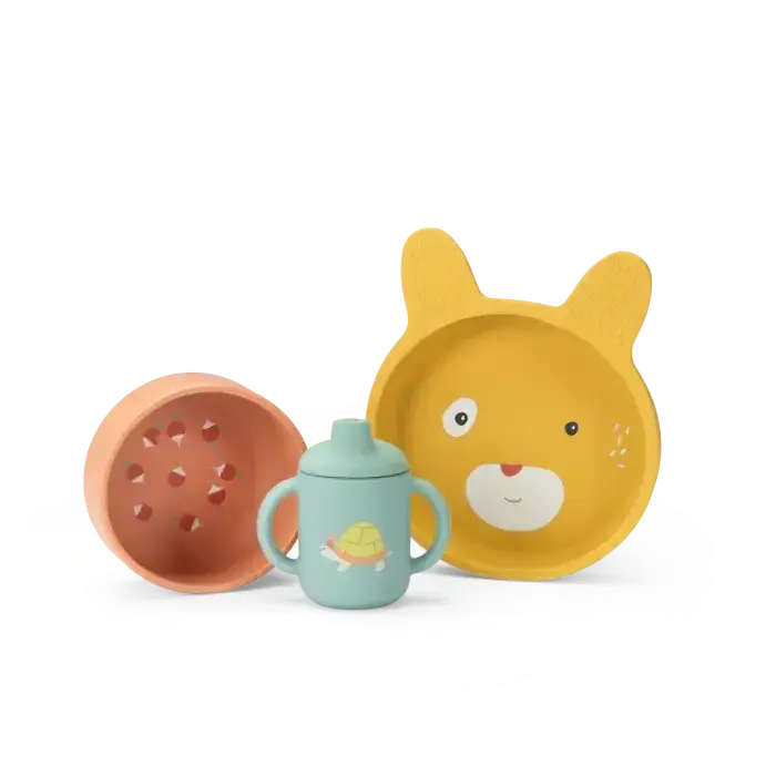 Moulin Roty - Set de vaisselle silicone - Trois petits lapins - 3 mois+