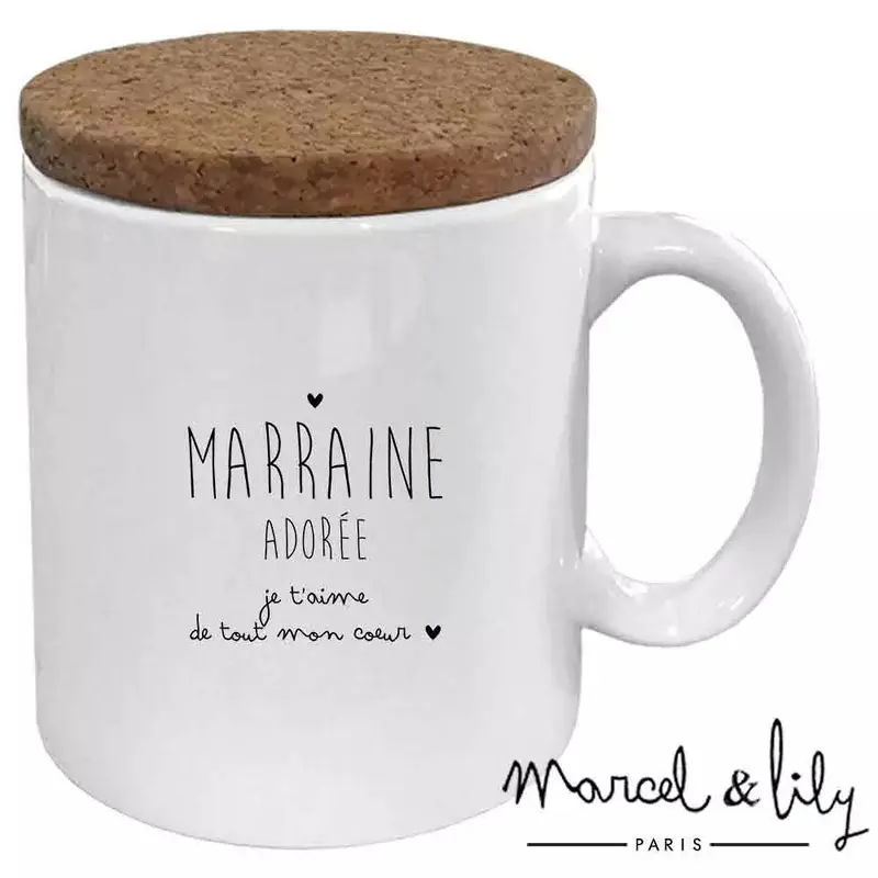 Mug "Marraine adorée" avec son couvercle en liège