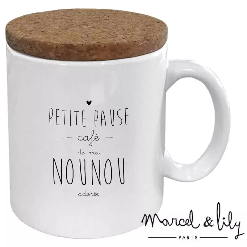 Mug "Pause café de ma nounou" avec son couvercle en liège