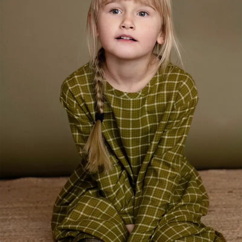 Organic Brushed Cotton Dress - Olive Checks - 2-11y
