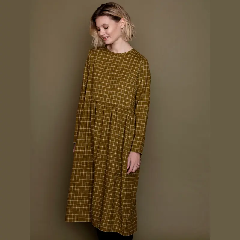 Organic Brushed Cotton Dress - Olive Checks - XS-M