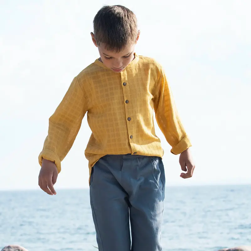 Organic Cotton Peasant Shirt - Golden Checks - 3-9y