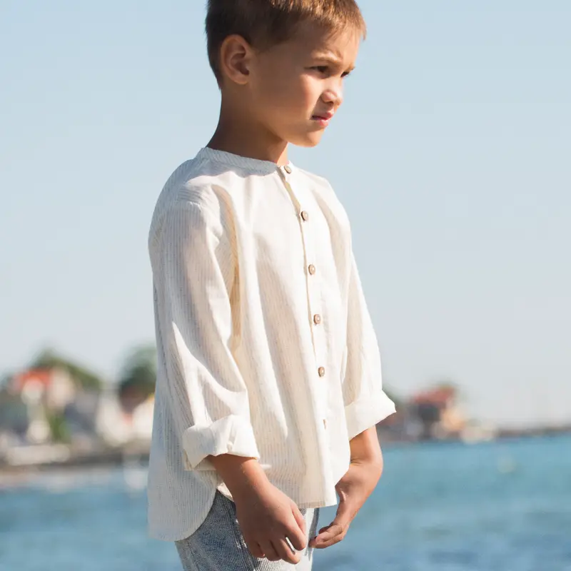 Organic Woven Peasant Shirt - Lines/Off White - 8-9y only