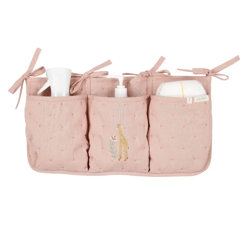 Organisateur de lit bébé rose girafe – rangement pratique en coton bio