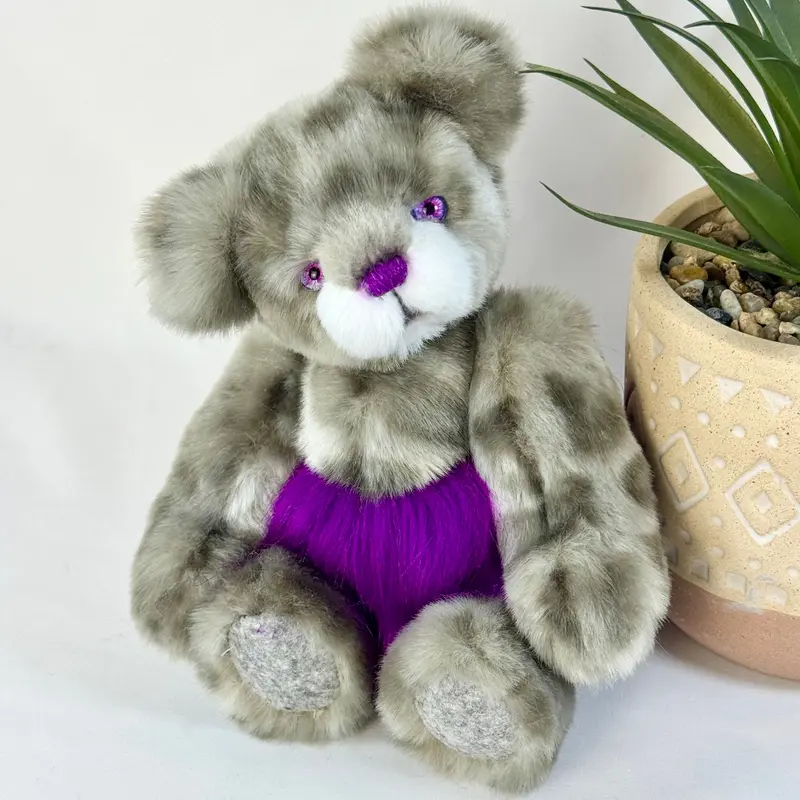 🧸 Ours de Collection "Mandy" 20 cm – Articulé à l’Ancienne – Fausse Fourrure Léopard Gris & Fushia