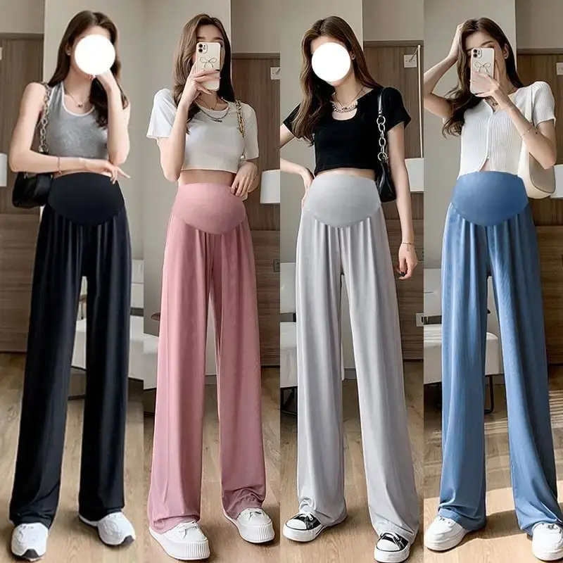 Pantalon maternité été soie glacée poches grande taille - jambe large voilée port extérieur femme enceinte