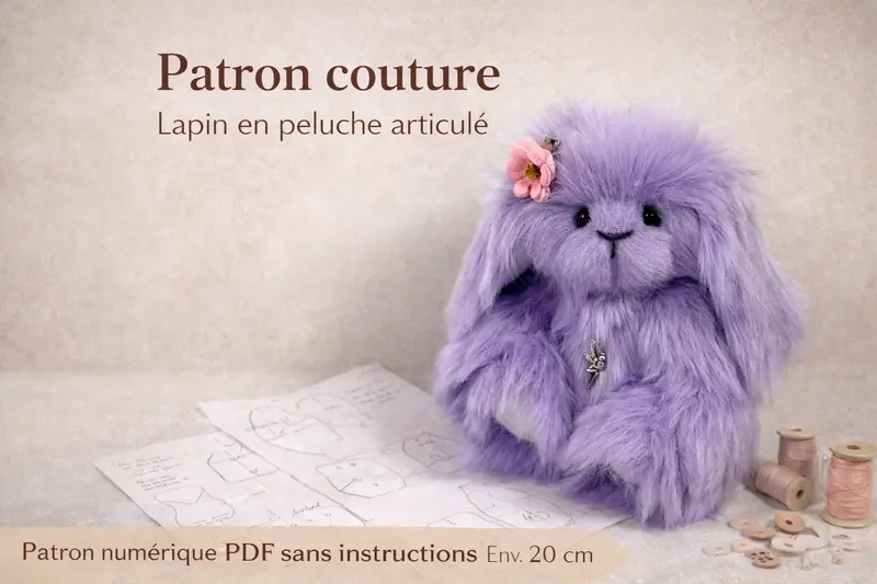 Patron couture lapine de collection 20 cm Violette — Lapin articulé | Patron PDF sans instructions