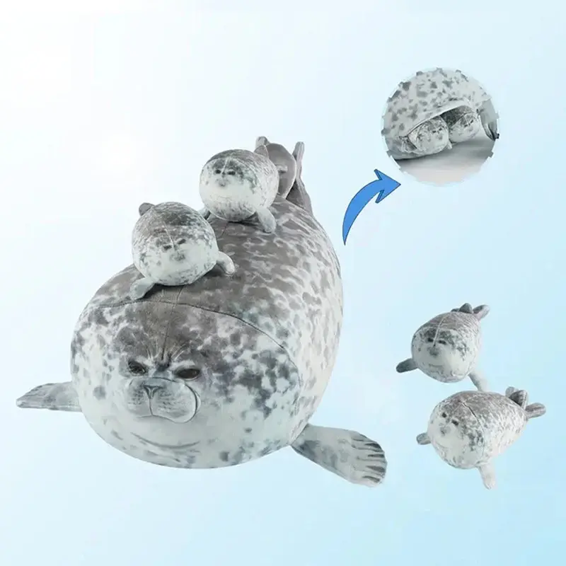 Peluche phoque mère et enfant 40cm - 5 pièces avec fermeture éclair jouet farceur