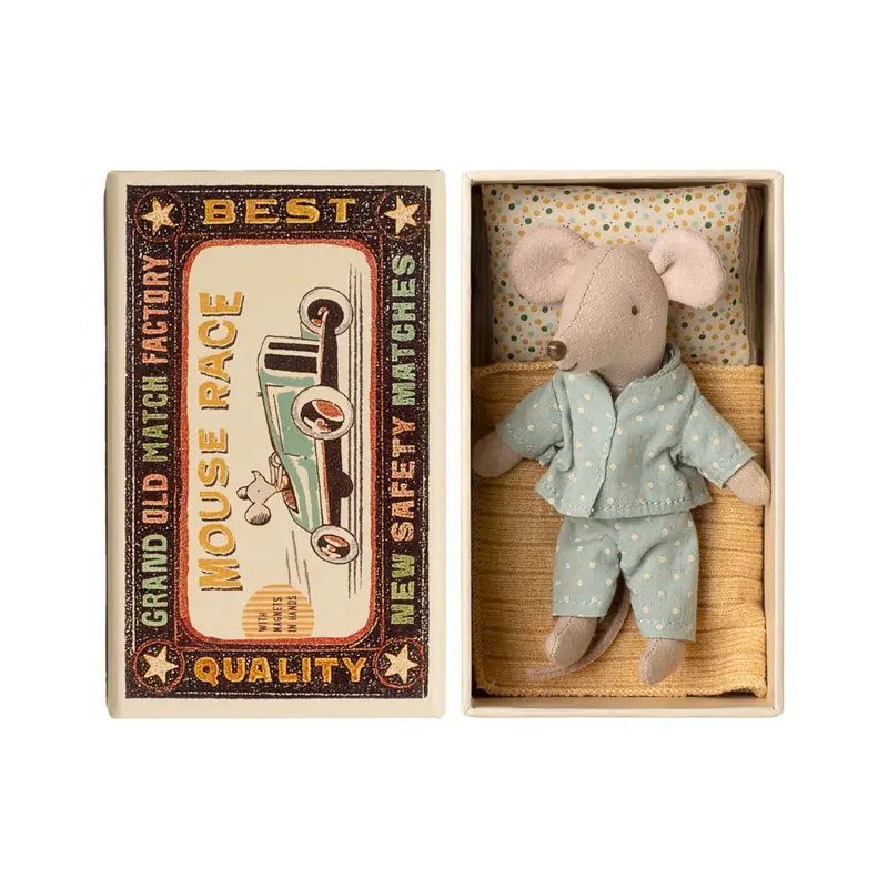 Petit frère souris dans sa boite - Pyjama bleu ciel à pois écru - Maileg