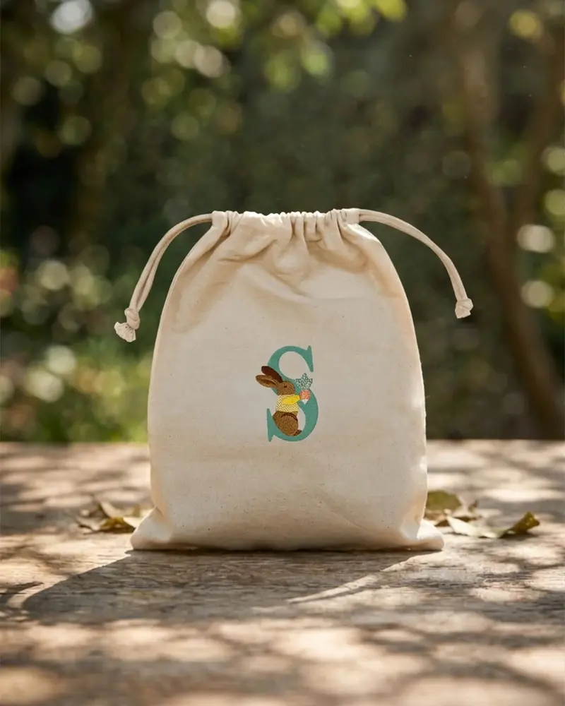Pochette cadeau brodée lapin radis jaune