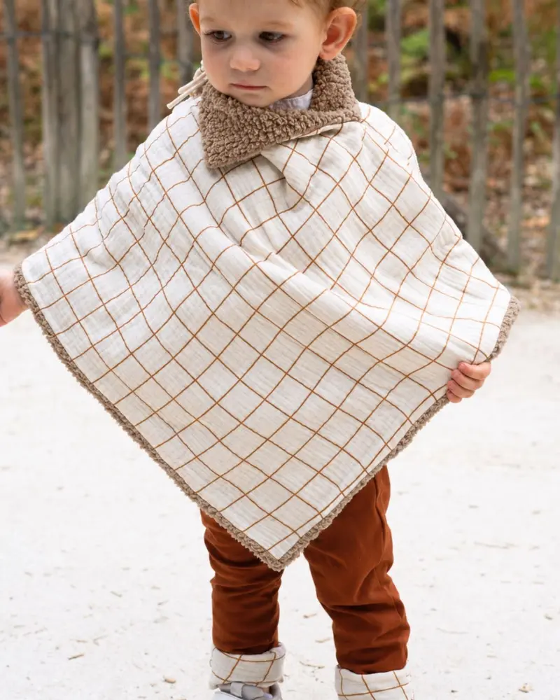 Poncho bébé enfant coton bio / Doublure marron
