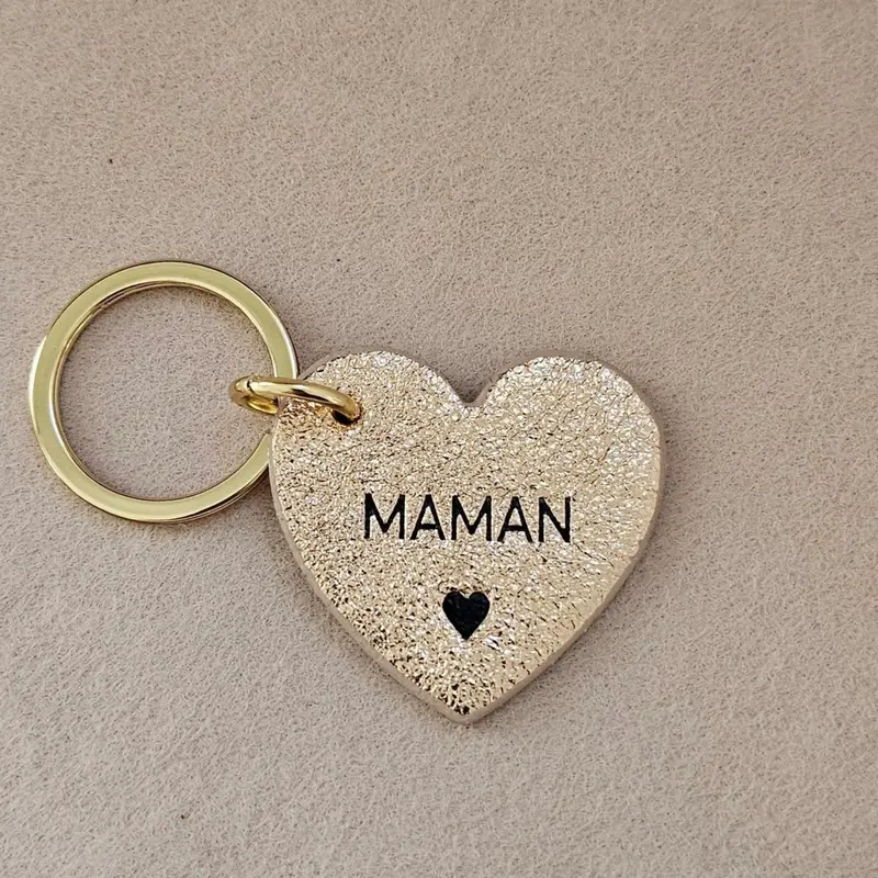 Porte clé cuir forme de coeur maman champagne