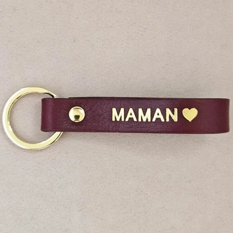 Porte clé cuir maman bordeau