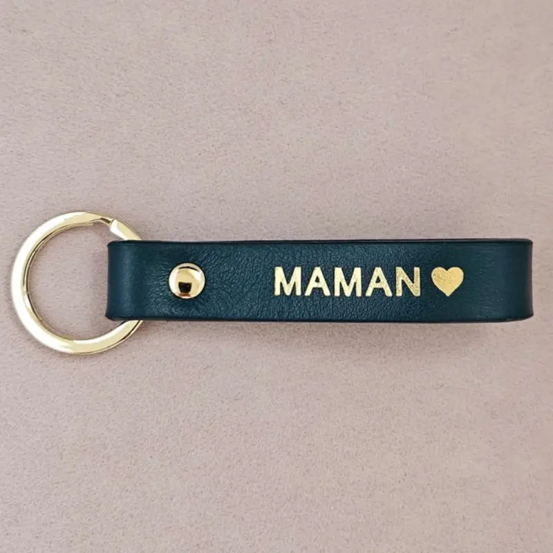 Porte clé cuir maman vert canard