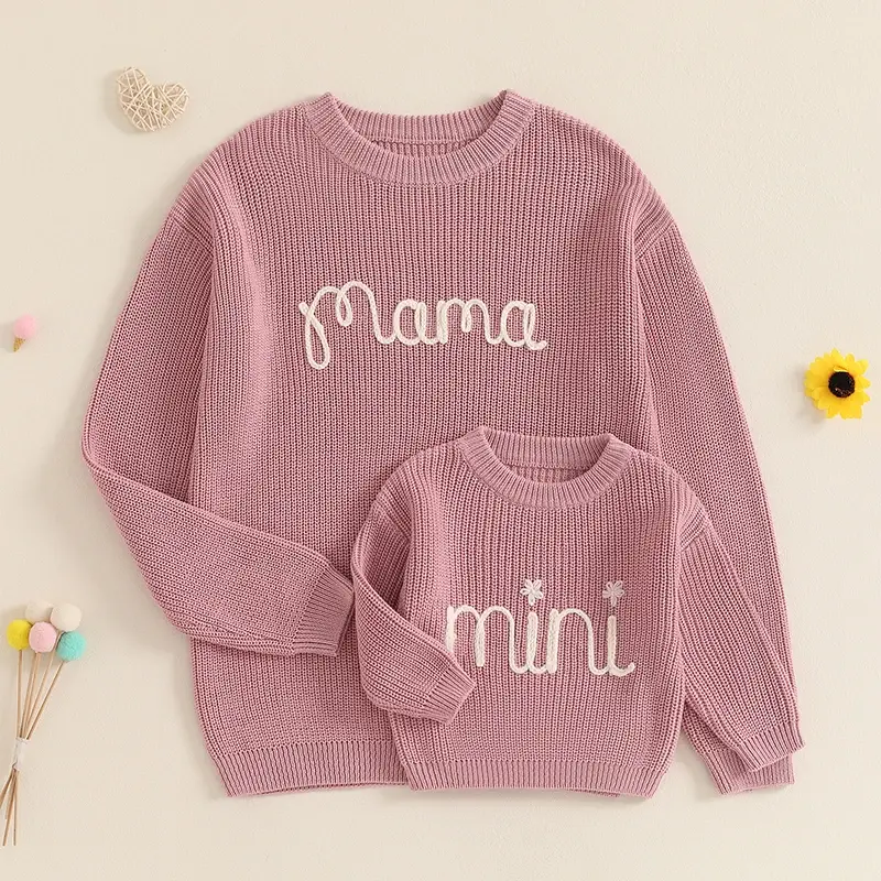Pull assorti famille maman et moi broderie lettres col rond - tricot printemps-automne enfant