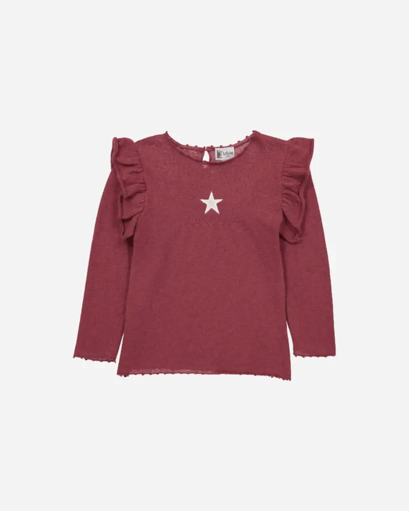 Pull fille épaules volantées motif étoile prune