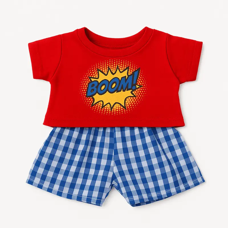 Pyjama Rouge Boom et pantalon bleu à carreaux