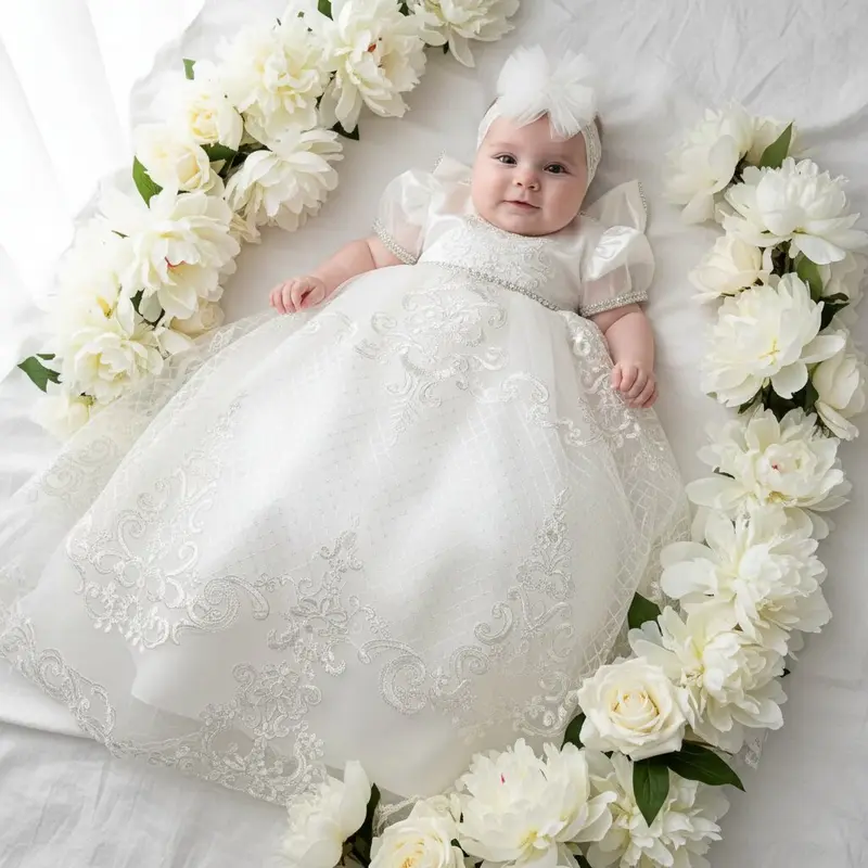 Robe Baptême Bébé – Broderies Baroques & Tulle Scintillant