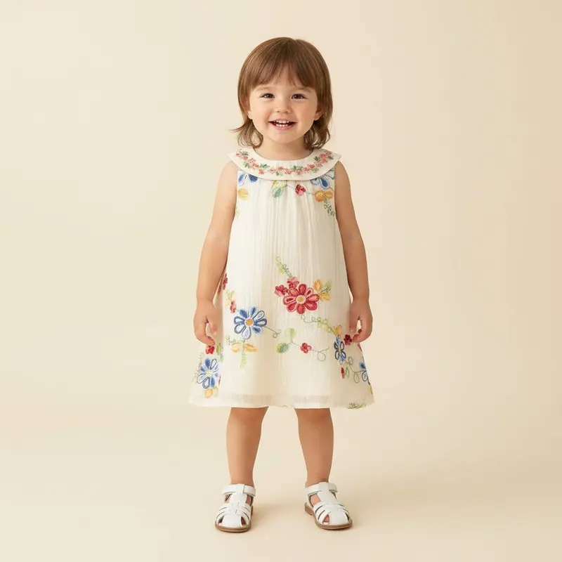 Robe Bébé Fille Été Broderie Florale – Sans Manches Coton | Choupinoo