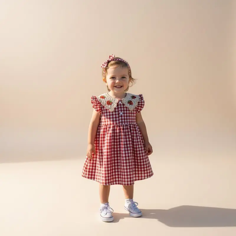 Robe bebe fille été rouge – Motif fraises & carreaux