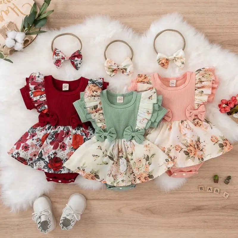 Robe bébé fille noeud rayée coton - combinaison rampante nouveau-né