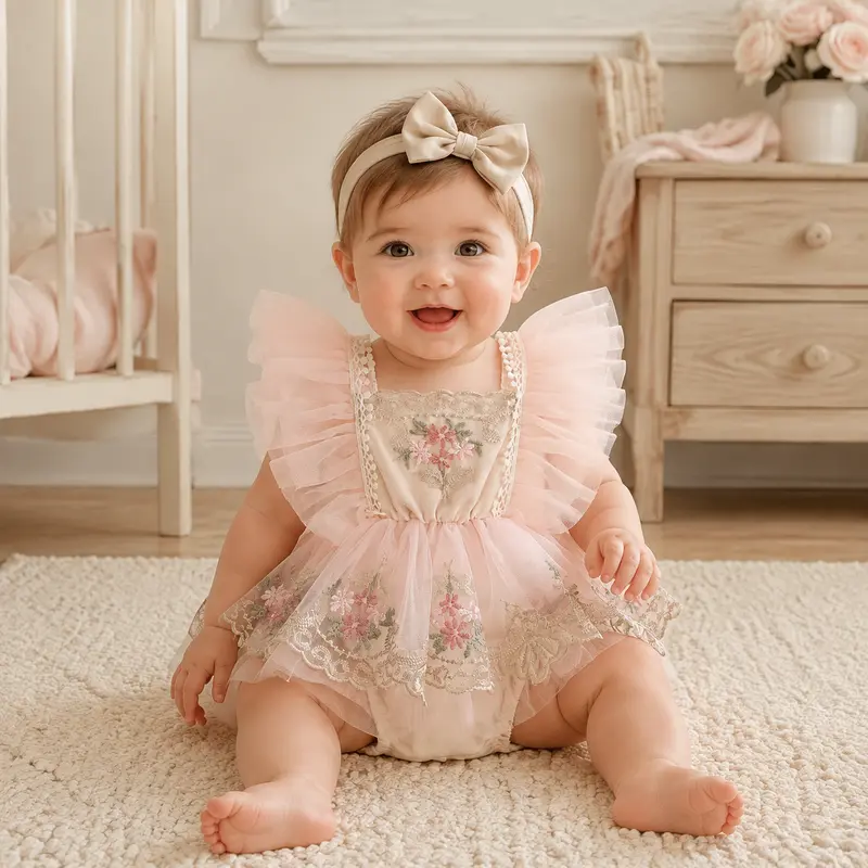 Robe Body Bébé Fleurie en Tulle avec Bandeau