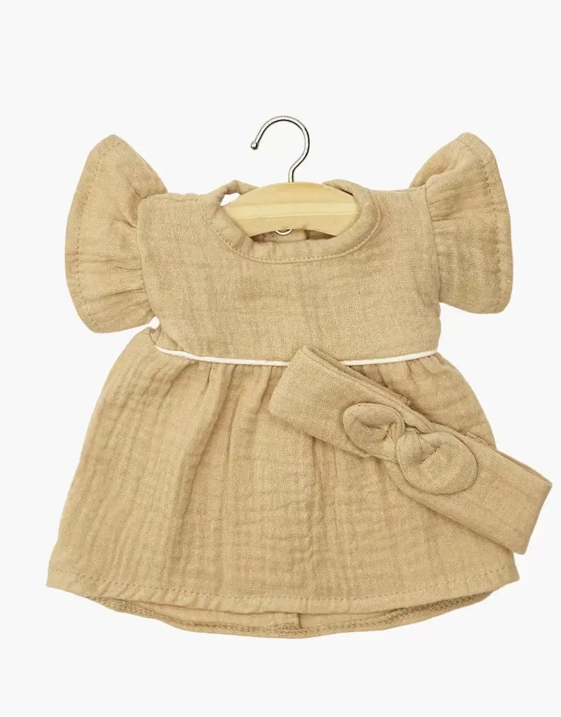 Robe Daisy et son headband à noeud rond en gaze de coton latte- minikane