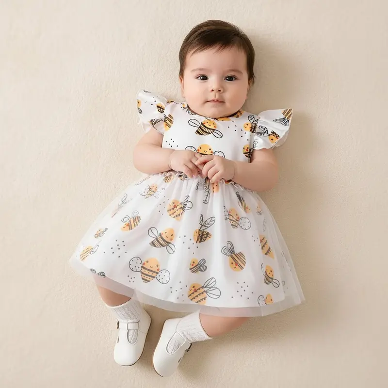 Robe Fille Bébé Motif Abeilles Cartoon – Tulle Doux Printemps Été