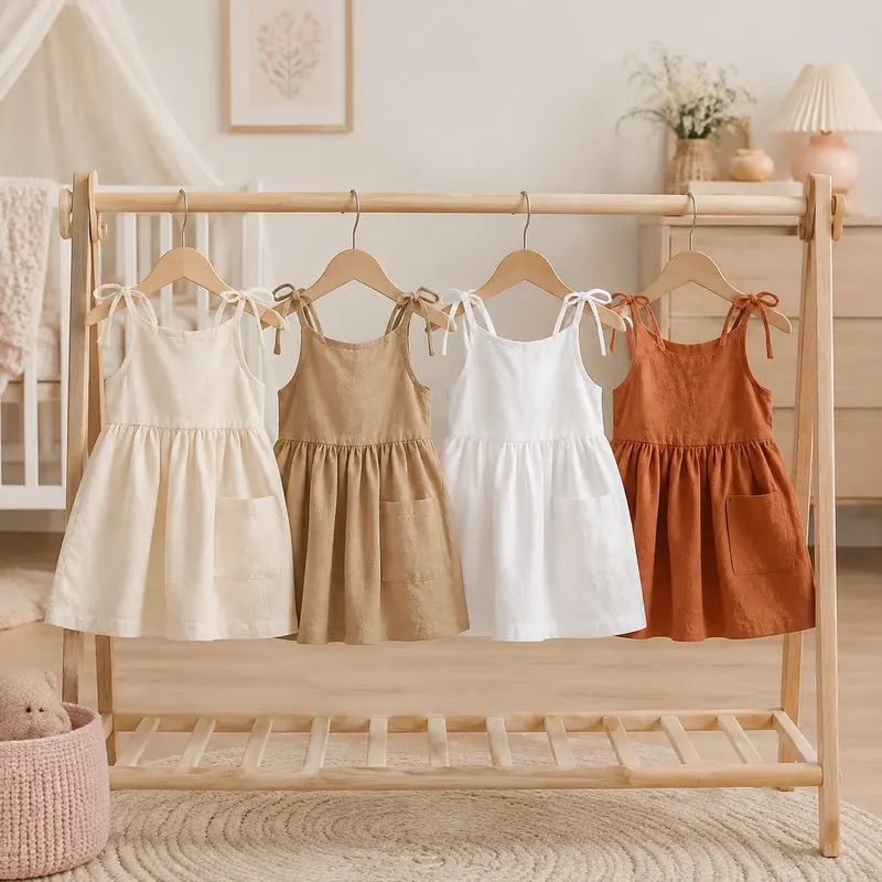 Robe Fille en Coton à Bretelles Nouées et Poches