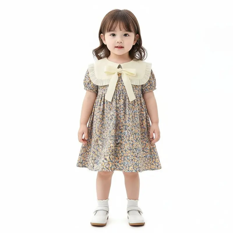 Robe Fille Été Fleurie – Col Berthe Blanc & Nœud Ruban