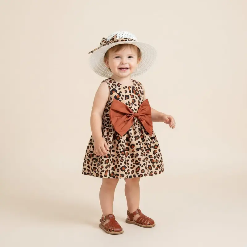 Robe Fille Été — Imprimé Léopard, Bretelles & Nœud | 0-24 Mois