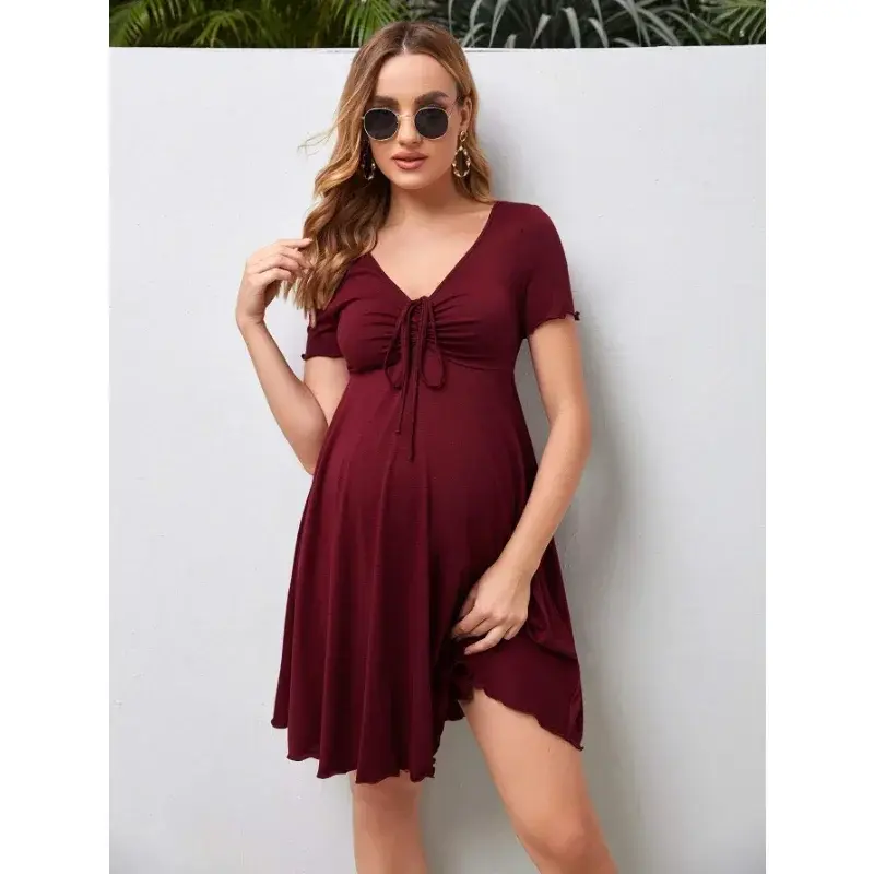 Robe maternité été col V couleur unie grande taille - vêtement décontracté femme enceinte