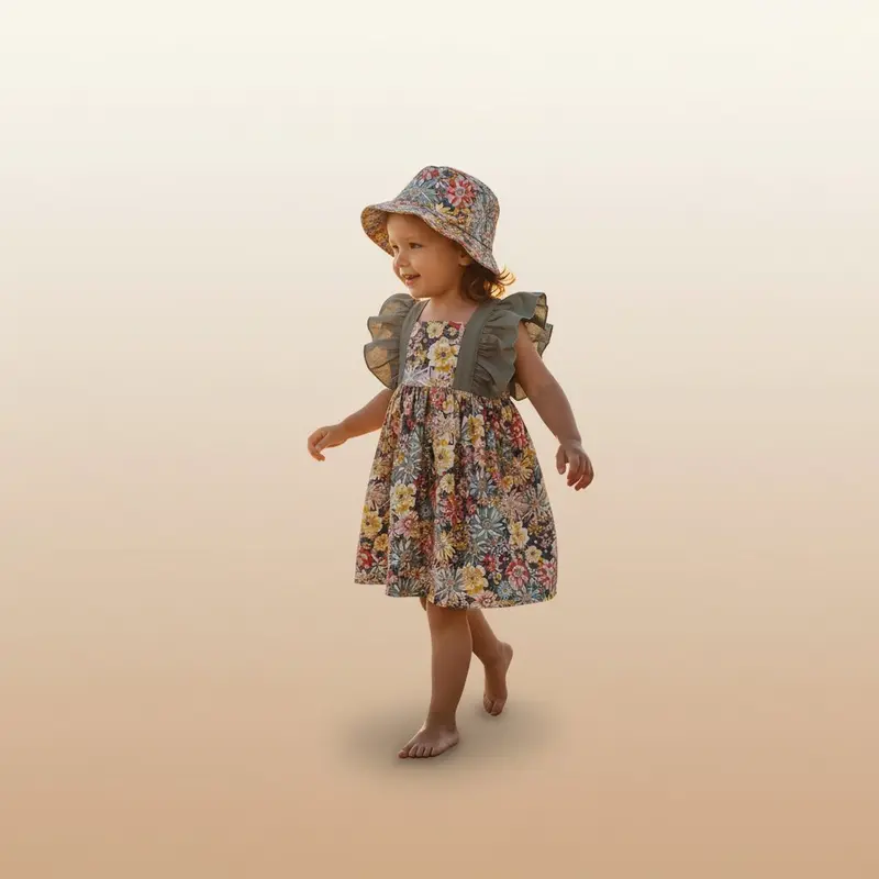 Robe Petite Fille Fleurie à Volants avec Chapeau - Coton doux