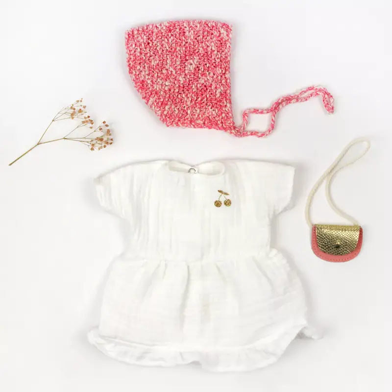 Robe poupée gaze coton blanche et accessoires