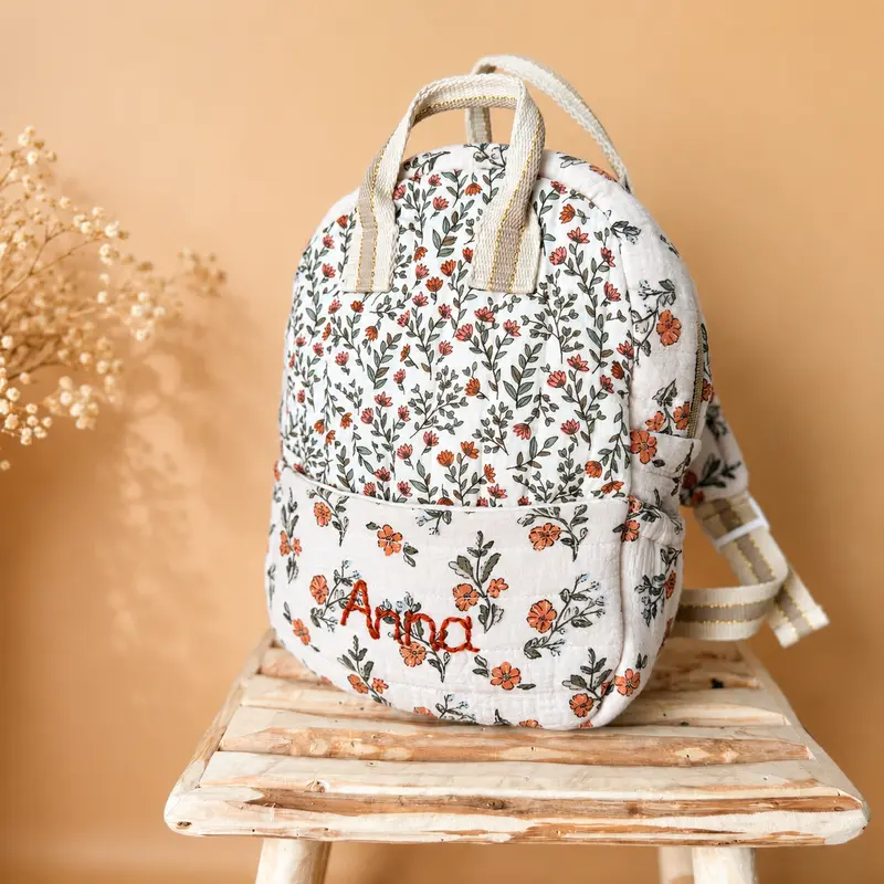 Sac à dos maternelle prénom personnalisé – Matelassé motif Fleuri