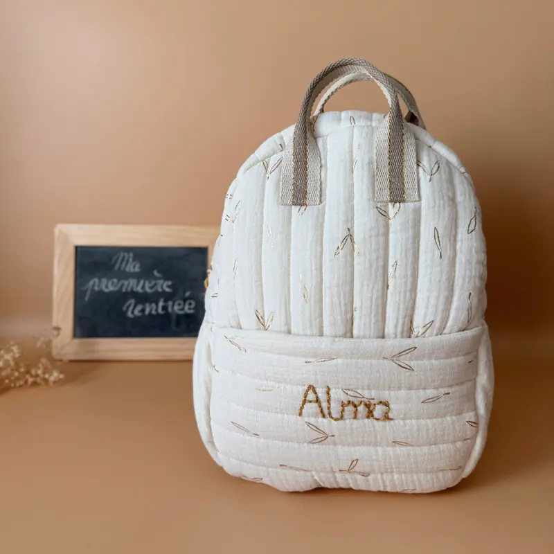 Sac à dos maternelle prénom personnalisé – Motif feuilles dorées