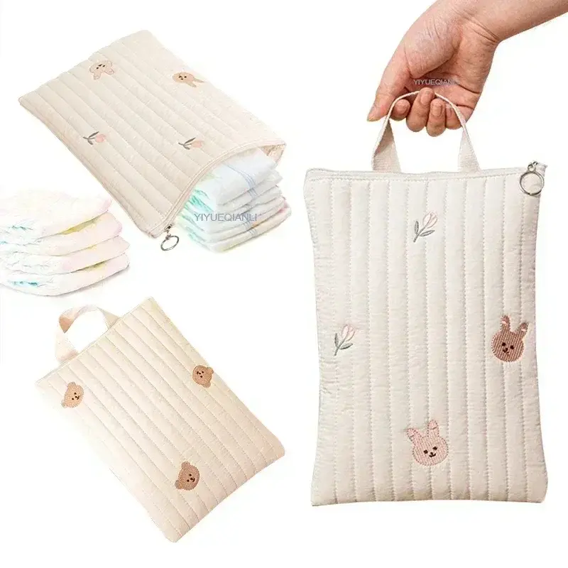 Sac à langer en coton broderie ourson - style Korea Ins