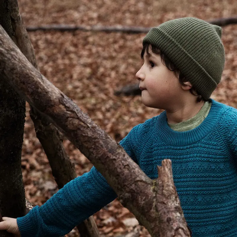 Semi-Handknitted Organic Wool Hat - Olive - 2-10y