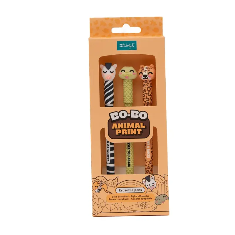Set de 3 stylos effaçables Bo-Bo animal print - Serpent, Léopard et Zèbre - MR. WONDERFUL